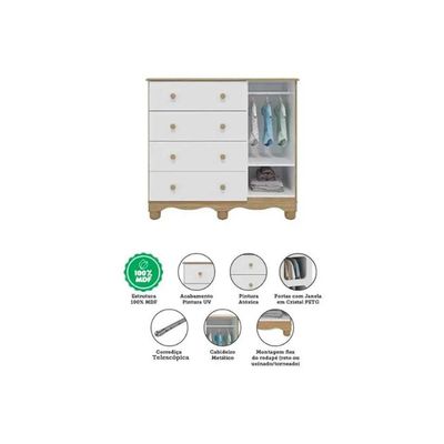 Cômoda Infantil Uli c/ 1 Porta Cristal e 4 Gavetas Branco/Amendoa - Peroba