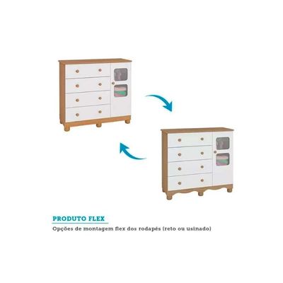 Cômoda Infantil Uli c/ 1 Porta Cristal e 4 Gavetas Branco/Amendoa - Peroba