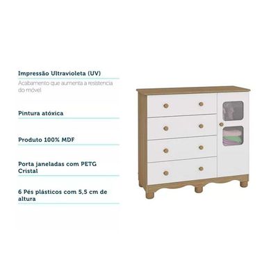 Cômoda Infantil Uli c/ 1 Porta Cristal e 4 Gavetas Branco/Amendoa - Peroba