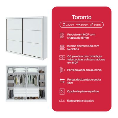 Guarda-Roupa Casal Toronto 2 Portas 6 Gavetas Com Espelho Branco
