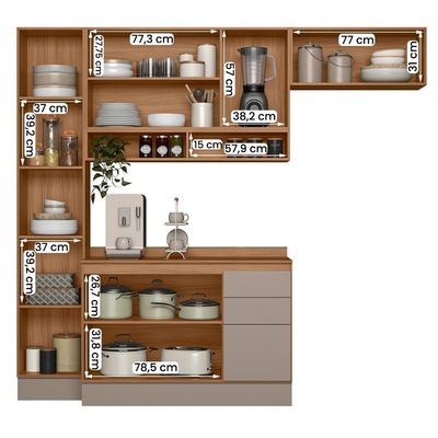 Cozinha Compacta Acacia 240cm Com 7 Portas 3 Gavetas Rodape Ipe/fendy