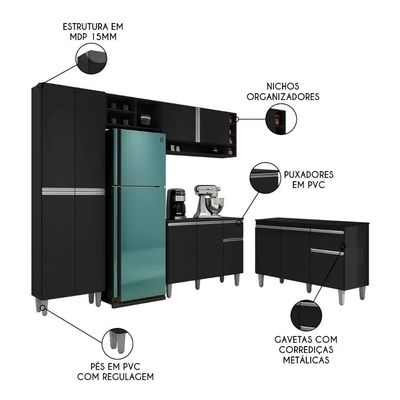 Cozinha Compacta Vanessa E Balcão Gabinete Com Tampo Tatiane 120cm Preto - Ajl Móveis