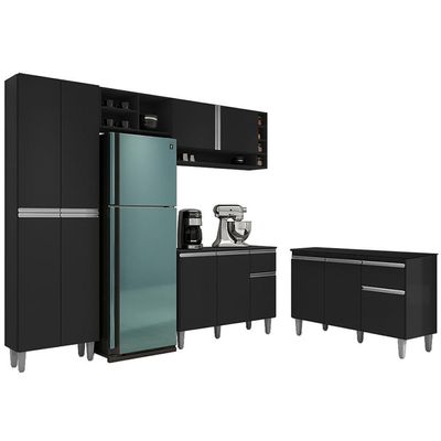 Cozinha Compacta Vanessa E Balcão Gabinete Com Tampo Tatiane 120cm Preto - Ajl Móveis