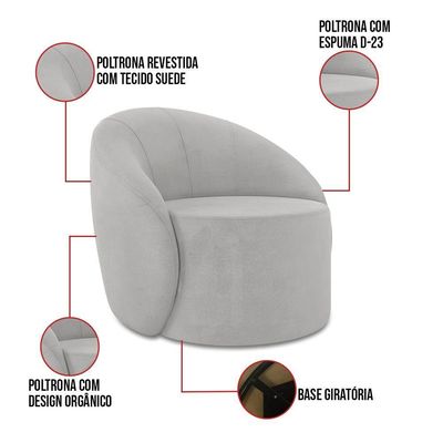 Sofá 2 Lugares Orgânico 140cm Morgan E 2 Poltronas Lua Suede Cinza D03 - D'rossi