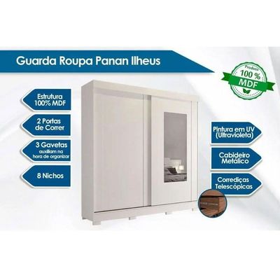 Guarda Roupa Casal 2 Portas de Correr (1 c/ Espelho) e 8 Gavetas Ilheus Branco - Panan