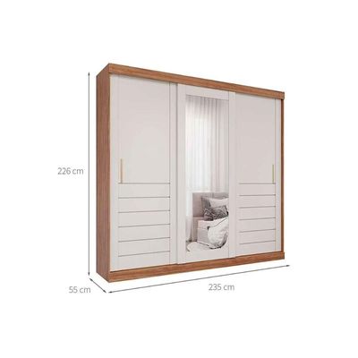 Guarda Roupa Casal 3 Portas de Correr (1 c/ Espelho) e 6 Gavetas Cecilia Cinamomo/Off White - Panan