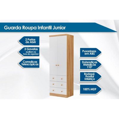Guarda Roupa Infantil c/ 2 Portas e 3 Gavetas Júnior Branco - Peroba