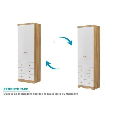 Guarda Roupa Infantil c/ 2 Portas e 3 Gavetas Júnior Branco - Peroba