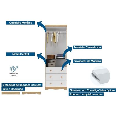 Guarda Roupa Infantil c/ 2 Portas e 3 Gavetas Júnior Branco - Peroba