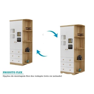 Guarda Roupa Infantil c/ 2 Portas Cristal e 3 Gavetas Uli Branco/Amendoa - Peroba