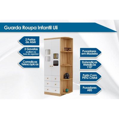 Guarda Roupa Infantil c/ 2 Portas Cristal e 3 Gavetas Uli Branco/Amendoa - Peroba