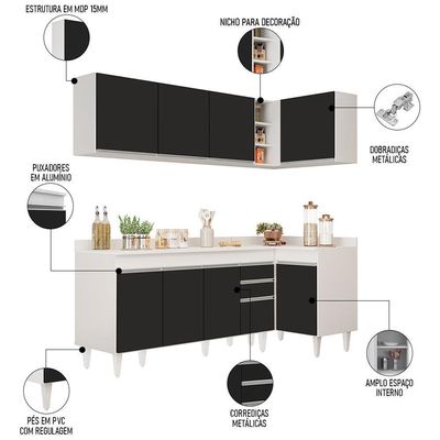 Armário De Cozinha Modulado De Canto Esquerdo 4 Peças Cp50 Balcão Com Tampo Branco-preto - Lumil