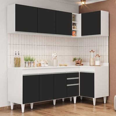 Armário De Cozinha Modulado De Canto Esquerdo 4 Peças Cp50 Balcão Com Tampo Branco-preto - Lumil