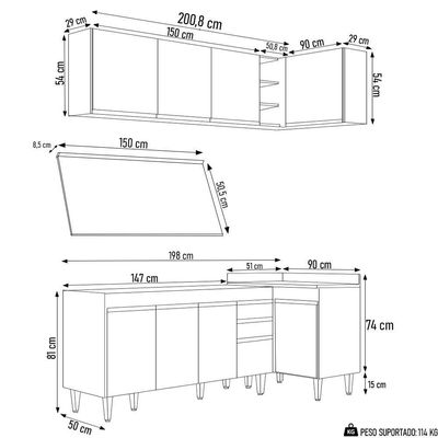 Armário De Cozinha Modulado De Canto Esquerdo 4 Peças Cp50 Balcão Com Tampo Branco-preto - Lumil