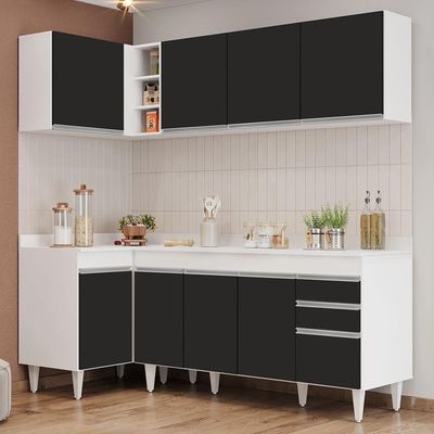 Armário De Cozinha Modulado De Canto Direito 4 Peças Cp41 Balcão Com Tampo Branco-preto - Lumil