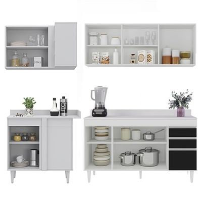 Armário De Cozinha Modulado De Canto Direito 4 Peças Cp41 Balcão Com Tampo Branco-preto - Lumil