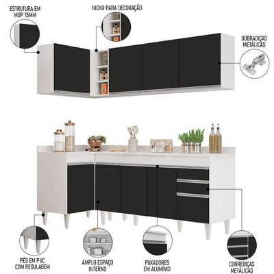 Armário De Cozinha Modulado De Canto Direito 4 Peças Cp41 Balcão Com Tampo Branco-preto - Lumil
