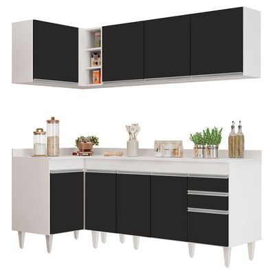 Armário De Cozinha Modulado De Canto Direito 4 Peças Cp41 Balcão Com Tampo Branco-preto - Lumil