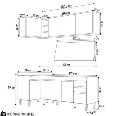 Armário De Cozinha Modulado De Canto Direito 4 Peças Cp41 Balcão Com Tampo Branco-preto - Lumil