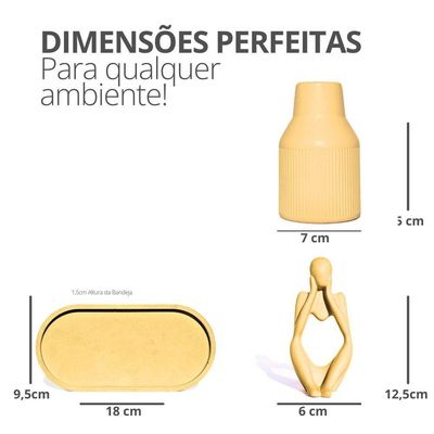 Kit 3 Peças Decoração Estátua Pensadora Garrafa Tubo Listrada E Bandeja Amarelo