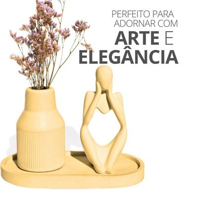 Kit 3 Peças Decoração Estátua Pensadora Garrafa Tubo Listrada E Bandeja Amarelo