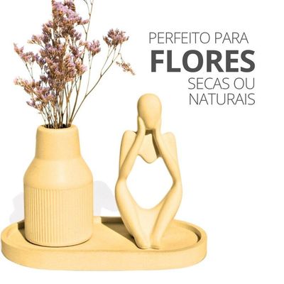 Kit 3 Peças Decoração Estátua Pensadora Garrafa Tubo Listrada E Bandeja Amarelo