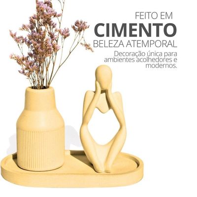 Kit 3 Peças Decoração Estátua Pensadora Garrafa Tubo Listrada E Bandeja Amarelo