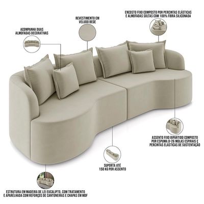 Sofá 3 Lugares Orgânico Living 230cm Ekos K01 Veludo Bege - Lyam Decor