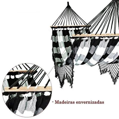 Rede De Dormir Com Madeira Artesanal Preto Com Branco Xadrez