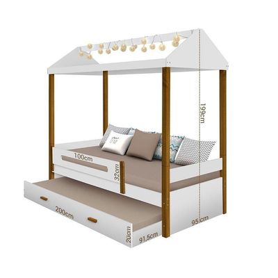 Cama Casa Sara Branco/Mel Com Cordão De Luzes Led E Cama Auxiliar