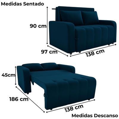 Sofa Cama 2 Lugares 138 Cm Amora New Veludo E433 Azul Milani Store Azul
