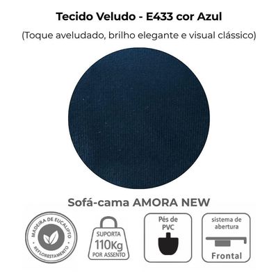 Sofa Cama 2 Lugares 138 Cm Amora New Veludo E433 Azul Milani Store Azul