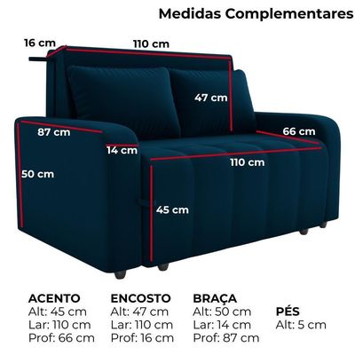 Sofa Cama 2 Lugares 138 Cm Amora New Veludo E433 Azul Milani Store Azul