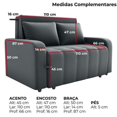 Sofa Cama 2 Lugares 138 Cm Amora New Veludo E425 Cinza Milani Store Cinza