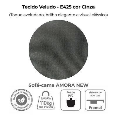 Sofa Cama 2 Lugares 138 Cm Amora New Veludo E425 Cinza Milani Store Cinza