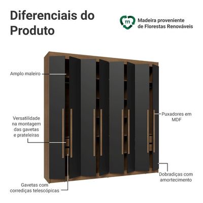 Guarda-roupa Casal 8 Portas Batentes Saturno Madesa Rustic/preto