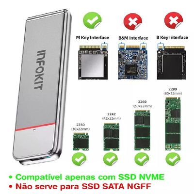 Case SSD Infokit Adaptador SATA PCI M2 NVMe NV1 NV2 USB 3.1 Type-C 10Gb
