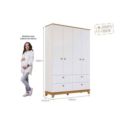 Guarda Roupa Infantil c/ 4 Portas e 4 Gavetas Biscoito Branco/Nature - Permóbili Baby