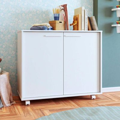 Balcão Em Mdp Com 2 Portas 2 Prateleiras E 4 Pés Com Rodízios Brv Móveis Branco