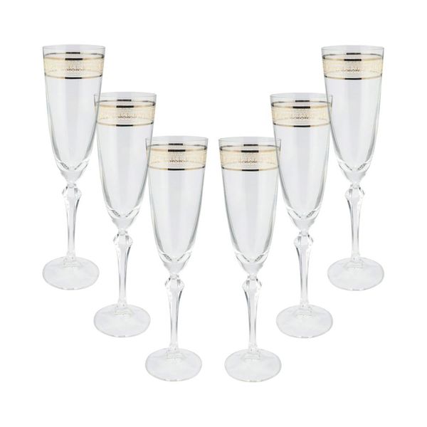 Jogo de taças champanhe cristal ecológico Bohemia Brocade com friso de ouro 200ml 6 peças