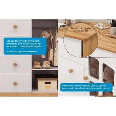 Cômoda Bebê Elô c/ 1 Porta Cristal e 4 Gavetas Branco/Amendoa - Peroba