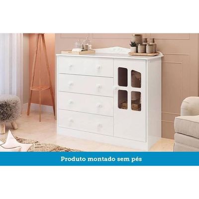Cômoda Bebê Elô c/ 1 Porta Cristal e 4 Gavetas Branco/Amendoa - Peroba