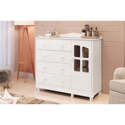 Cômoda Bebê Elô c/ 1 Porta Cristal e 4 Gavetas Branco/Amendoa - Peroba