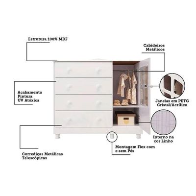 Cômoda Bebê Elô c/ 1 Porta Cristal e 4 Gavetas Branco/Amendoa - Peroba