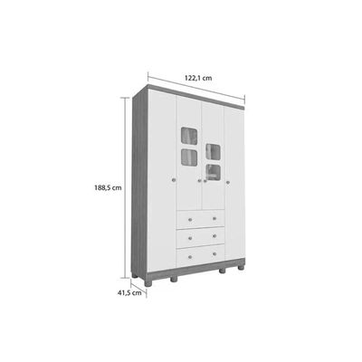 Guarda Roupa Bebê c/ 4 Portas (2 Cristal) e 3 Gavetas Uli Branco/Amendoa - Peroba