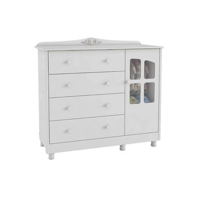 Cômoda Bebê Elô c/ 1 Porta Cristal e 4 Gavetas Branco - Peroba