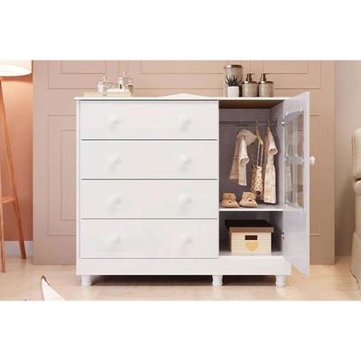Cômoda Bebê Elô c/ 1 Porta Cristal e 4 Gavetas Branco - Peroba