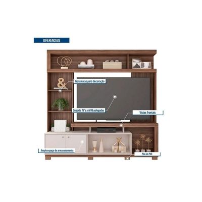 Rack Bancada c/ Painel p/ TV até 70 Pol Formosa Nicho e Pés 210x207cm Freijo/Off White - Caemmun