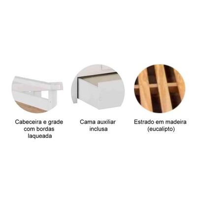 Bicama Solteiro de Babá Maria c/ 2 Gavetas e Auxiliar Branco/Amendoa - Peroba