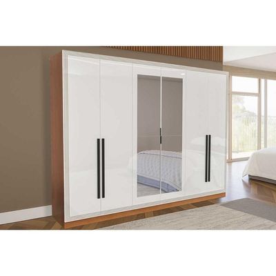 Guarda Roupa 6 Portas (2 c/ Espelho) e 4 Gavetas Valência Freijo/Branco - Politorno